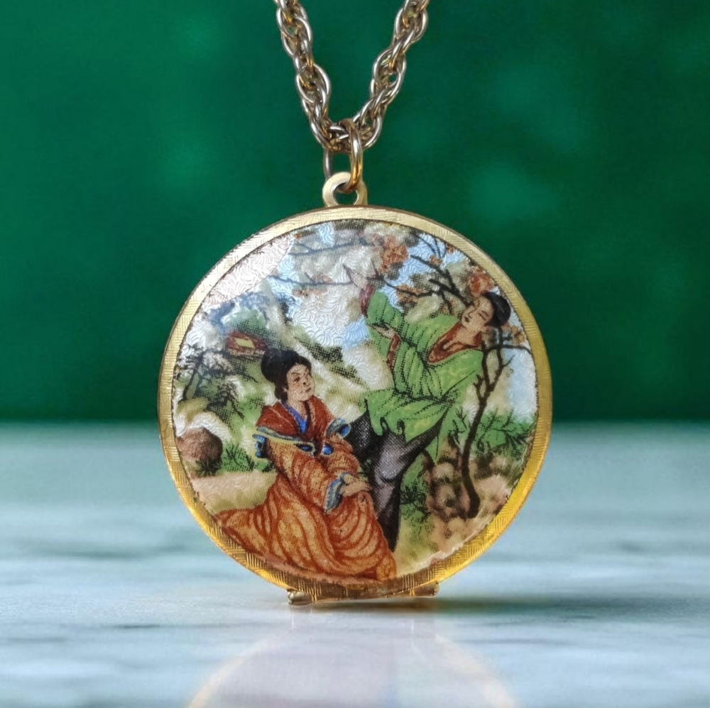 Antique Guilloche Enameled Japanese Courting Scene Locket Necklace